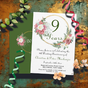 9th Willow Wedding Anniversary Roses Gold Frame Invitation