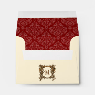 A2 Cream & Red Floral Crest Damask Monogram Envelopes