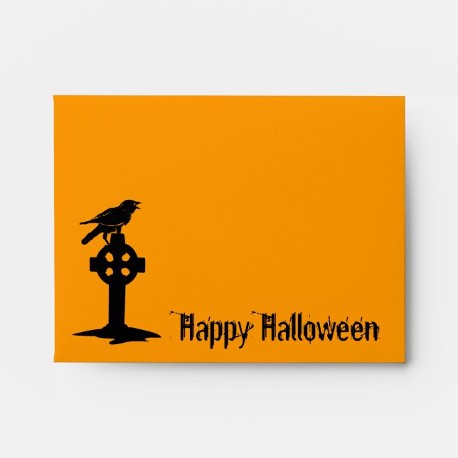 A2 Crow on Gravestone Orange Halloween Envelopes (Front)