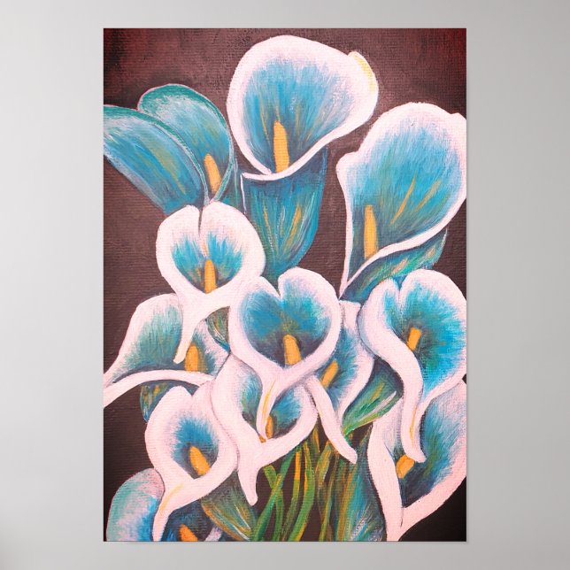 A4 Beautiful Teal Flowers acrylic Painting Print (Front)