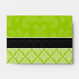 A6 Lime Green Black & White Damask Lined Envelopes