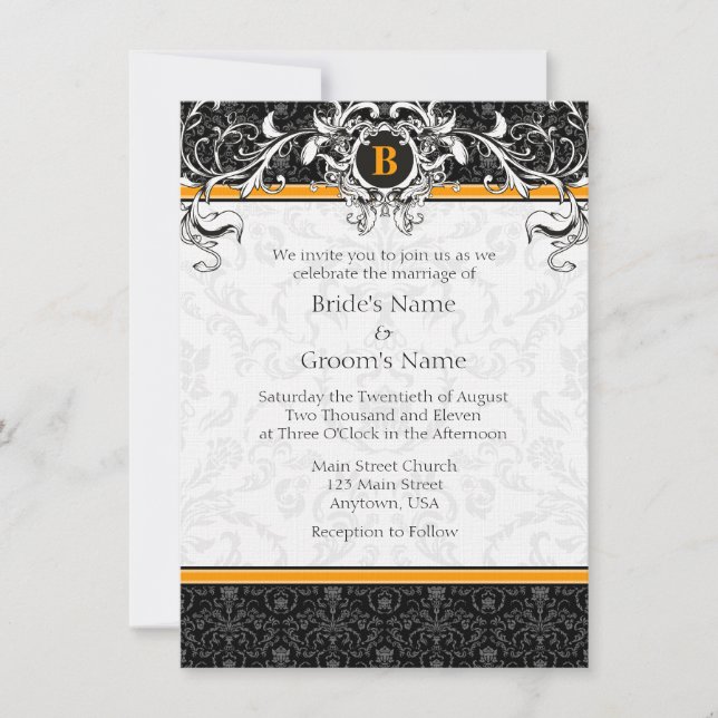 A6 Orange & Black Damask Monogram Wedding Invites (Front)