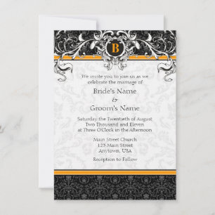 A6 Orange & Black Damask Monogram Wedding Invites