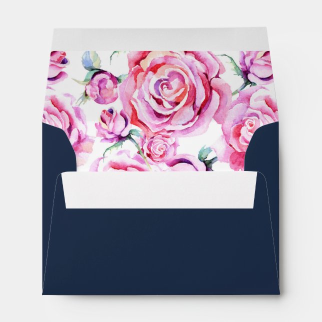 A6 Pink Navy Blue Roses Wedding Return Address Envelope (Back (Bottom))
