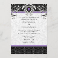 A6 Purple & Black Damask Monogram Wedding Invites