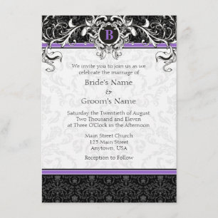 A6 Purple & Black Damask Monogram Wedding Invites