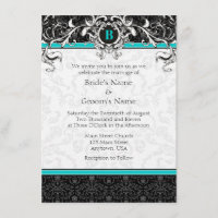 A6 Turquoise Black Damask Monogram Wedding Invite