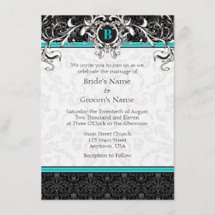 A6 Turquoise Black Damask Monogram Wedding Invite