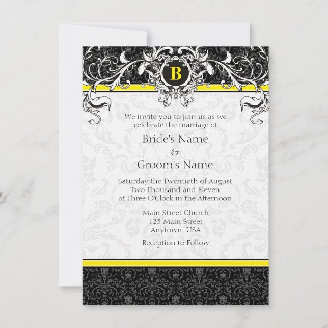 A6 Yellow & Black Damask Monogram Wedding Invites (Front)