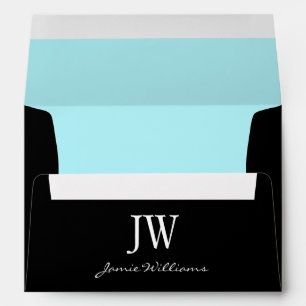 A7 Black and Aqua Blue Monogram Envelopes