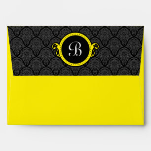 A7 Black and Yellow Damask Flap Monogram Envelopes