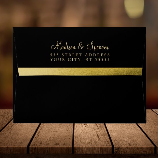 A7 Black Gold Foil Return Address Wedding Mailing Envelope (Black and Gold Wedding Envelope)