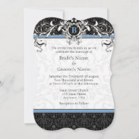 A7 Blue & Black Damask Monogram Wedding Invites