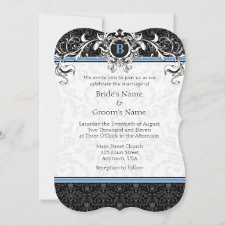 A7 Blue & Black Damask Monogram Wedding Invites