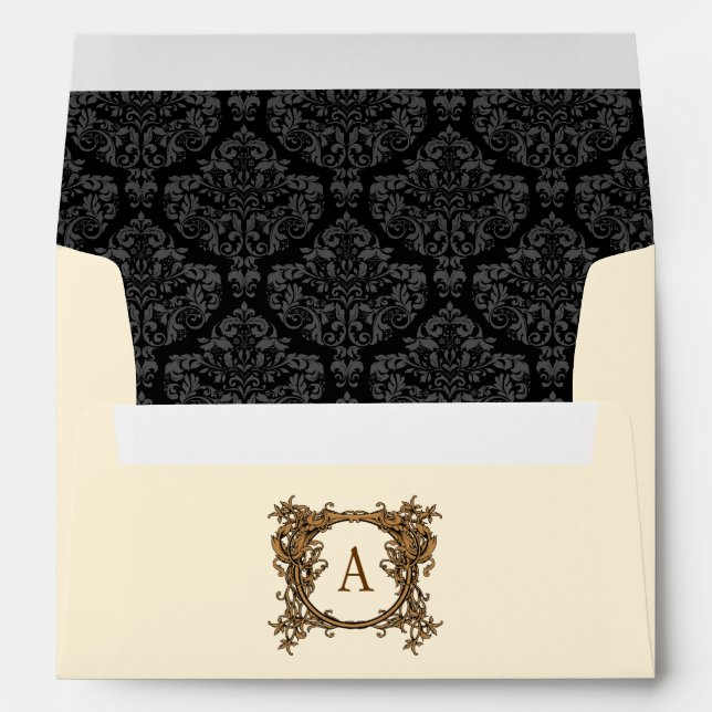 A7 Cream & Black Damask Monogram Wedding Envelopes (Back (Bottom))