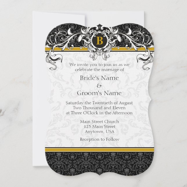 A7 Gold & Black Damask Monogram Wedding Invites (Front)