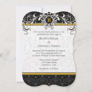 A7 Gold & Black Damask Monogram Wedding Invites