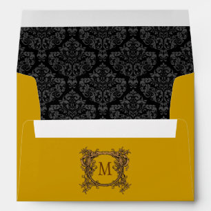 A7 Gold & Black Floral Crest Damask Monogram Envelope