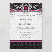 A7 Hot Pink Black Damask Monogram Wedding Invites