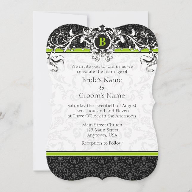 A7 Lime Green Black Damask Monogram Wedding Invite (Front)