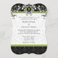 A7 Lime Green Black Damask Monogram Wedding Invite