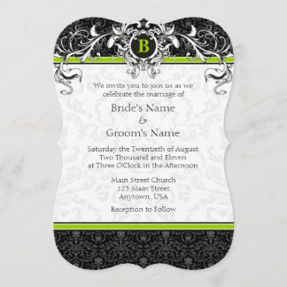 A7 Lime Green Black Damask Monogram Wedding Invite