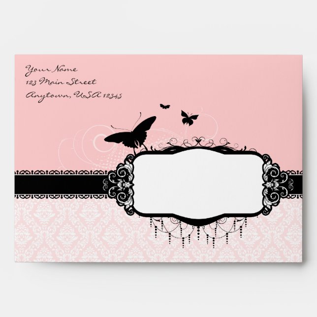 A7 Pink Butterfly Damask Return Address Envelopes (Front)