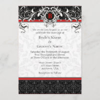 A7 Red & Black Damask Monogram Wedding Invitations