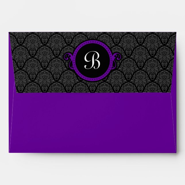 A7 Royal Purple Damask Flap Monogram Envelopes (Back (Top Flap))