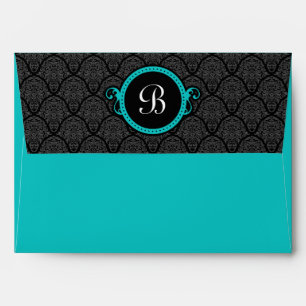 A7 Turquoise Damask Flap Monogram Envelopes