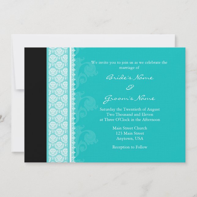 A7 Turquoise One-Side Damask Wedding Invitations (Front)