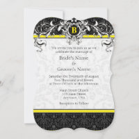 A7 Yellow & Black Damask Monogram Wedding Invites