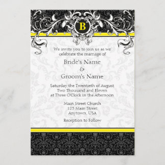 A7 Yellow & Black Damask Monogram Wedding Invites