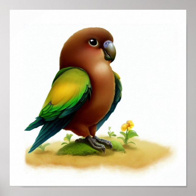 A 3D Rendered Image of a Cute Brown-Hooded Parrot Poster (Front)