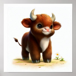 A 3D Rendered Image of a Cute Young Bull Poster