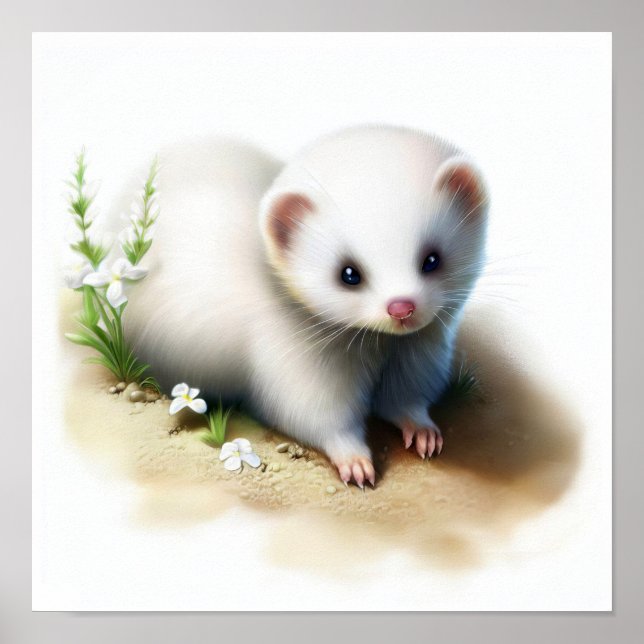 A 3D Watercolor Painting of a Cute Ferret Poster (Front)