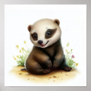 A 3D Watercolor Painting of a Cute Honey Badger Poster