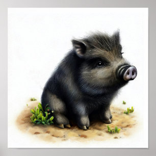 A 3D Watercolor Painting of a Cute Wild Hog Poster
