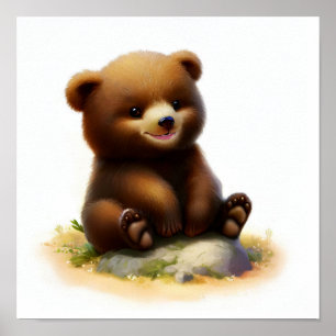 A 3D Watercolor Painting of a Grizzly Bear Cub Poster