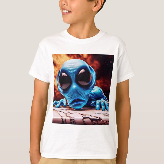 a-57 Staff, Curious Blue Alien T-Shirt (Front)