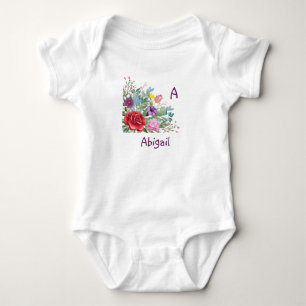 A Abigail Personalise Letter Name, Rose Flowers Baby Bodysuit