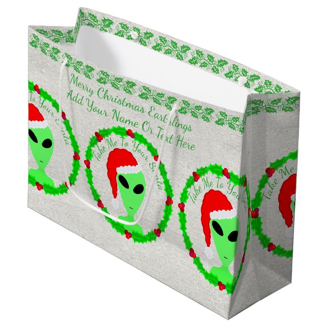 A Alien Santa Holly Wreath LGM Large Geek Humour Large Gift Bag (Front Angled)