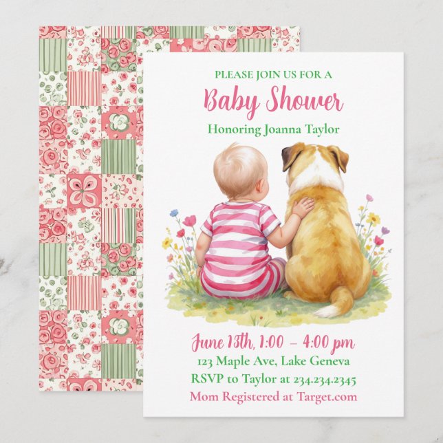 A Baby and Her Dog | Girl's Pink Baby Shower Invitation (Front/Back)
