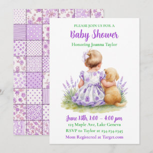 A Baby and Her Dog   Girl's Purple Baby Shower Invitation
