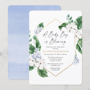 A baby boy is blooming blue white spring floral invitation