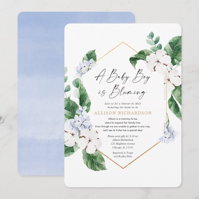 A baby boy is blooming Shower by Mail blue floral Invitation (Front/Back)