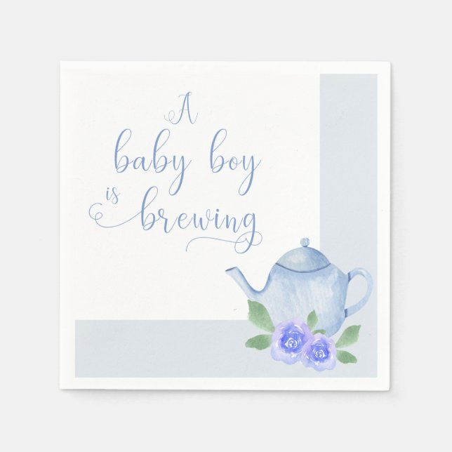 A Baby Boy is Brewing Blue Teapot Baby Shower Napkin (Front)