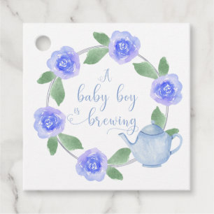 A Baby Boy is Brewing Blue Teapot Floral Wreath Favour Tags