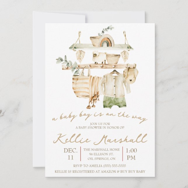 A Baby Boy is on the Way! Clothesline Baby Shower Invitation (Front)