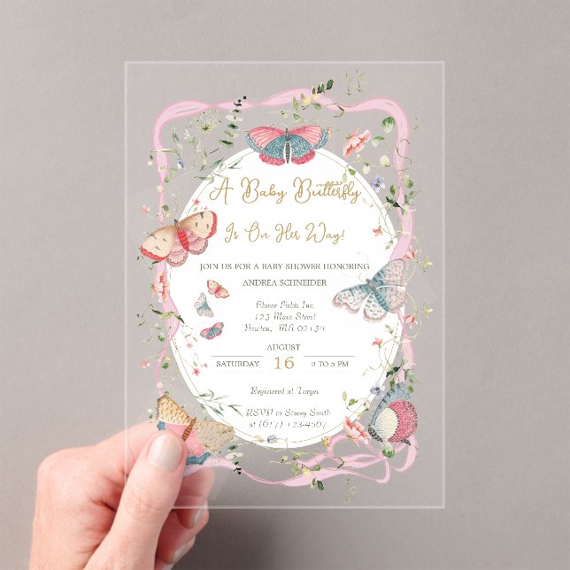 A Baby Butterfly Is On Her Way Baby Shower   Acrylic Invitations (Insitu (Handheld))